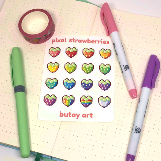 Pixel Strawberry Hearts Sticker Sheet