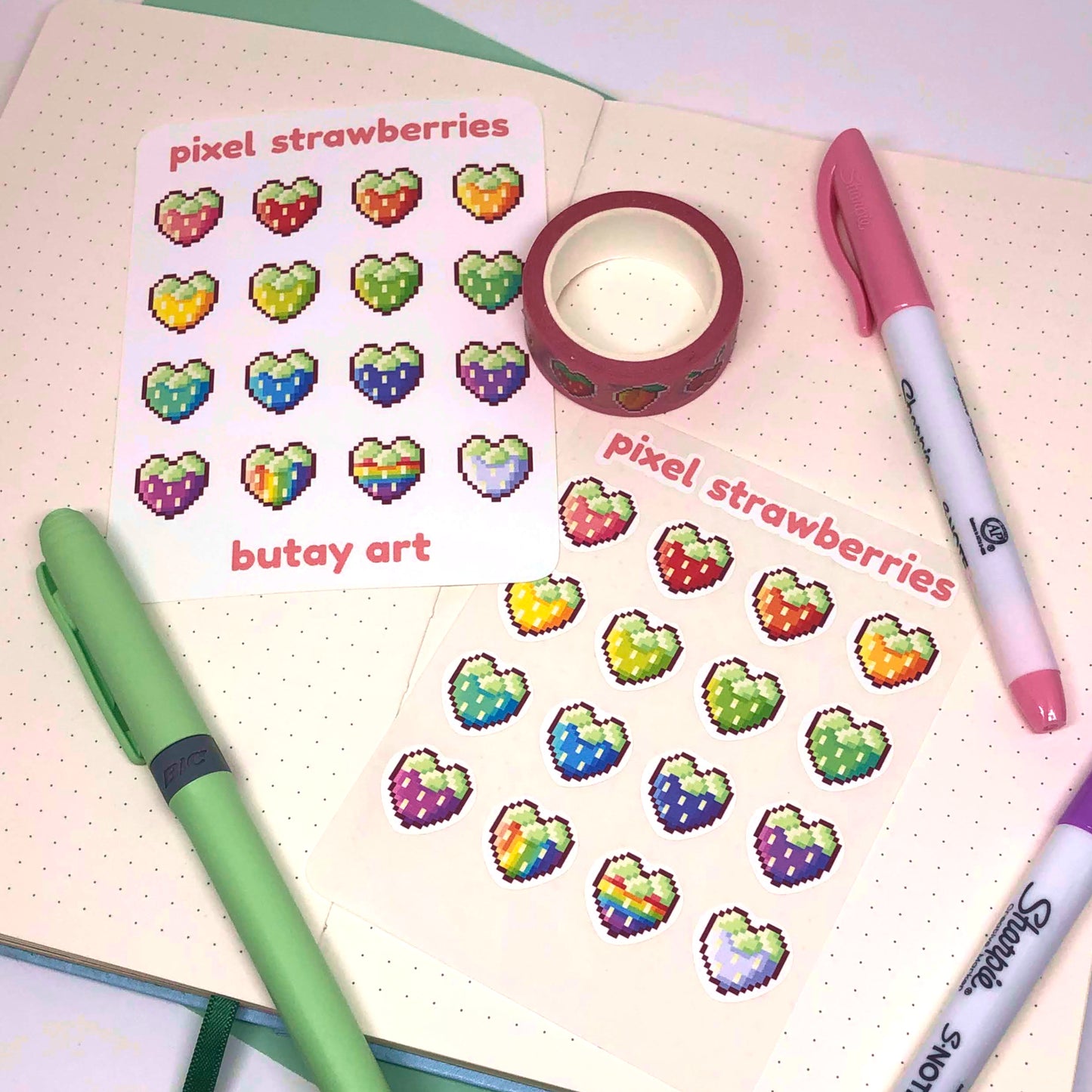 Pixel Strawberry Hearts Sticker Sheet