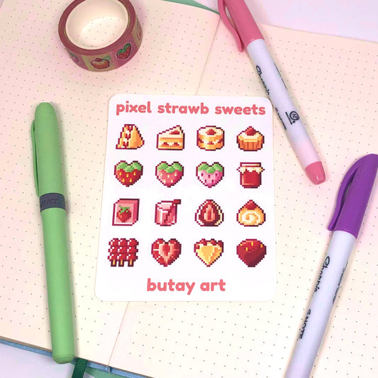 Pixel Strawberry Sweets Sticker Sheet